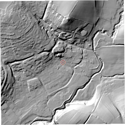 Shaded relief map of the ground around DT63HT, computed from Environment Agency LiDAR. The ground here sits at about 16 m above sea level and falls 39 m across the surrounding 800 m. Surface water reaching this point runs off ground lying to the north-west, 19.3 m higher.