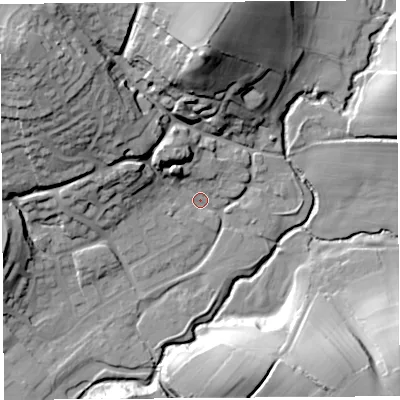 Shaded relief map of the ground around DT63HU, computed from Environment Agency LiDAR. The ground here sits at about 16 m above sea level and falls 39 m across the surrounding 800 m. Surface water reaching this point runs off ground lying to the north-west, 19.6 m higher.