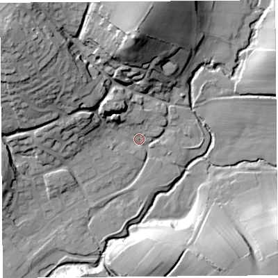 Shaded relief map of the ground around DT63HX, computed from Environment Agency LiDAR. The ground here sits at about 16 m above sea level and falls 39 m across the surrounding 800 m. Surface water reaching this point runs off ground lying to the north-west, 19.7 m higher.