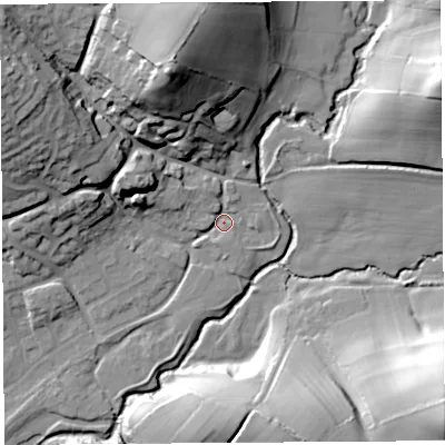 Shaded relief map of the ground around DT63HY, computed from Environment Agency LiDAR. The ground here sits at about 16 m above sea level and falls 44 m across the surrounding 800 m. Surface water reaching this point runs off ground lying to the north-north-west, 34.8 m higher.