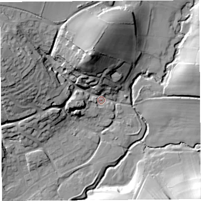 Shaded relief map of the ground around DT63HZ, computed from Environment Agency LiDAR. The ground here sits at about 18 m above sea level and falls 39 m across the surrounding 800 m. Surface water reaching this point runs off ground lying to the north-north-west, 33.5 m higher.