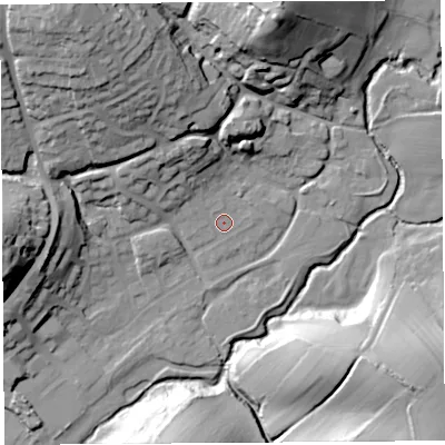 Shaded relief map of the ground around DT63JF, computed from Environment Agency LiDAR. The ground here sits at about 15 m above sea level and falls 40 m across the surrounding 800 m. Surface water reaching this point runs off ground lying to the north-north-west, 11.0 m higher.