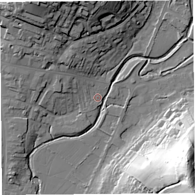 Shaded relief map of the ground around DT63LS, computed from Environment Agency LiDAR. The ground here sits at about 8 m above sea level and falls 79 m across the surrounding 800 m. Surface water reaching this point runs off ground lying to the north-west, 5.9 m higher.