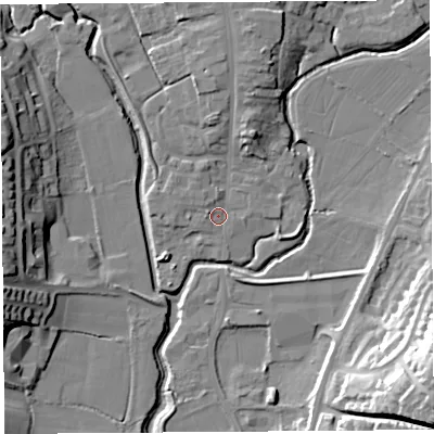 Shaded relief map of the ground around DT63NP, computed from Environment Agency LiDAR. The ground here sits at about 6 m above sea level and falls 30 m across the surrounding 800 m. Surface water reaching this point runs off ground lying to the west-north-west, 1.6 m higher.