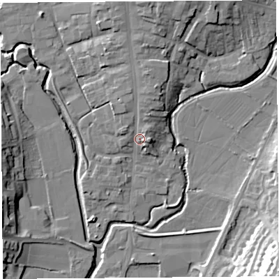 Shaded relief map of the ground around DT63PA, computed from Environment Agency LiDAR. The ground here sits at about 8 m above sea level and falls 28 m across the surrounding 800 m. Surface water reaching this point runs off ground lying to the north, 5.3 m higher.