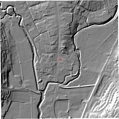 Shaded relief map of the ground around DT63PB, computed from Environment Agency LiDAR. The ground here sits at about 6 m above sea level and falls 33 m across the surrounding 800 m. Surface water reaching this point runs off ground lying to the north, 6.6 m higher.