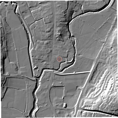 Shaded relief map of the ground around DT63PD, computed from Environment Agency LiDAR. The ground here sits at about 6 m above sea level and falls 35 m across the surrounding 800 m. Surface water reaching this point runs off ground lying to the north-west, 1.0 m higher.
