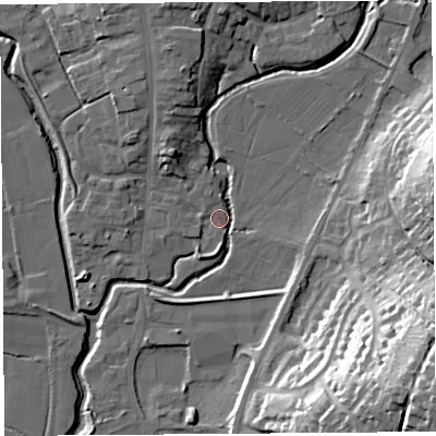 Shaded relief map of the ground around DT63PL, computed from Environment Agency LiDAR. The ground here sits at about 6 m above sea level and falls 39 m across the surrounding 800 m. Surface water reaching this point runs off ground lying to the south-east, 37.0 m higher.