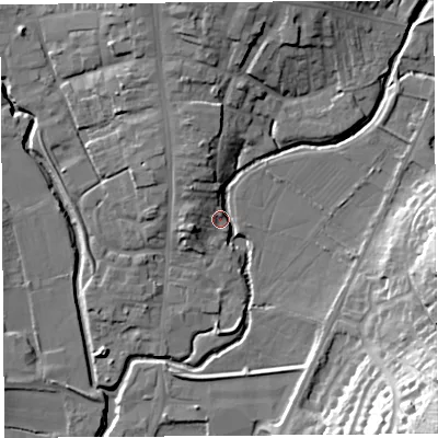Shaded relief map of the ground around DT63PN, computed from Environment Agency LiDAR. The ground here sits at about 7 m above sea level and falls 33 m across the surrounding 800 m. Surface water reaching this point runs off ground lying to the north, 12.4 m higher.