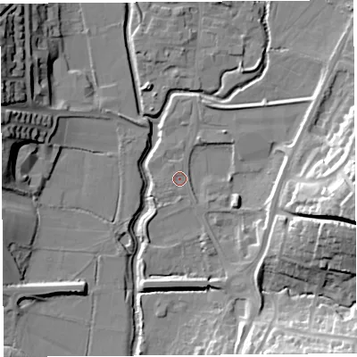 Shaded relief map of the ground around DT63QH, computed from Environment Agency LiDAR. The ground here sits at about 5 m above sea level and falls 27 m across the surrounding 800 m. Surface water reaching this point runs off ground lying to the south-east, 1.0 m higher.