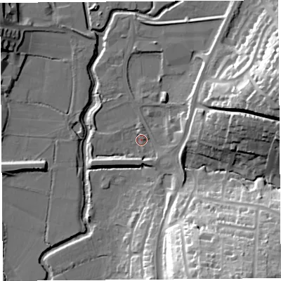 Shaded relief map of the ground around DT63QQ, computed from Environment Agency LiDAR. The ground here sits at about 5 m above sea level and falls 42 m across the surrounding 800 m. Surface water reaching this point runs off ground lying to the south-east, 39.9 m higher.