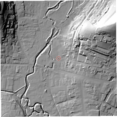 Shaded relief map of the ground around DT63QU, computed from Environment Agency LiDAR. The ground here sits at about 9 m above sea level and falls 54 m across the surrounding 800 m. Surface water reaching this point runs off ground lying to the east-north-east, 41.0 m higher.