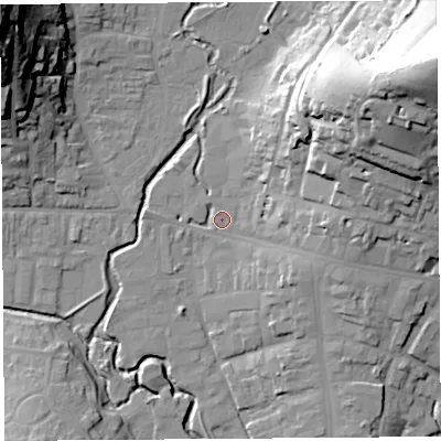Shaded relief map of the ground around DT63QW, computed from Environment Agency LiDAR. The ground here sits at about 8 m above sea level and falls 53 m across the surrounding 800 m. Surface water reaching this point runs off ground lying to the east-north-east, 33.9 m higher.