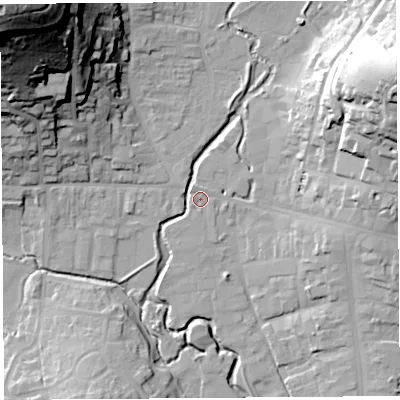 Shaded relief map of the ground around DT63QX, computed from Environment Agency LiDAR. The ground here sits at about 8 m above sea level and falls 76 m across the surrounding 800 m. Surface water reaching this point runs off ground lying to the north-west, 73.2 m higher.