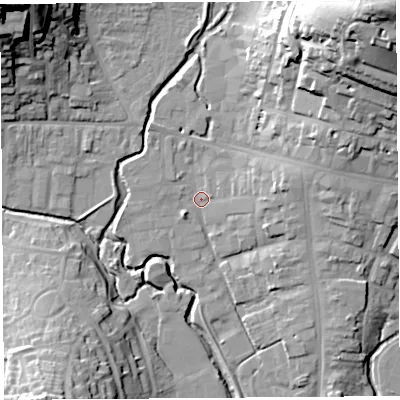 Shaded relief map of the ground around DT63RA, computed from Environment Agency LiDAR. The ground here sits at about 7 m above sea level and falls 47 m across the surrounding 800 m. Surface water reaching this point runs off ground lying to the north-east, 35.2 m higher.