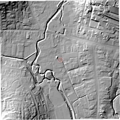 Shaded relief map of the ground around DT63RB, computed from Environment Agency LiDAR. The ground here sits at about 7 m above sea level and falls 39 m across the surrounding 800 m. Surface water reaching this point runs off ground lying to the north-east, 35.4 m higher.