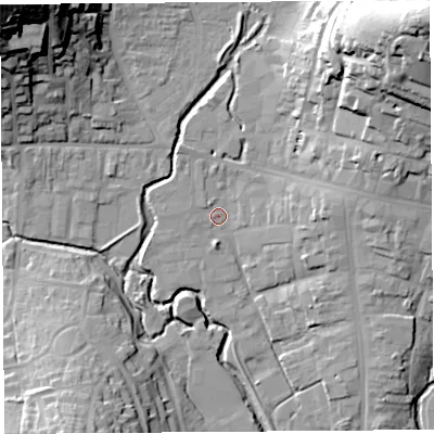 Shaded relief map of the ground around DT63RD, computed from Environment Agency LiDAR. The ground here sits at about 7 m above sea level and falls 45 m across the surrounding 800 m. Surface water reaching this point runs off ground lying to the north-east, 34.3 m higher.