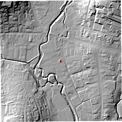 Shaded relief map of the ground around DT63RE, computed from Environment Agency LiDAR. The ground here sits at about 7 m above sea level and falls 41 m across the surrounding 800 m. Surface water reaching this point runs off ground lying to the west-south-west, 2.0 m higher.