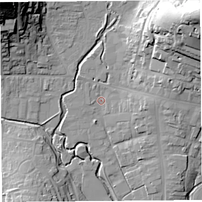 Shaded relief map of the ground around DT63RF, computed from Environment Agency LiDAR. The ground here sits at about 7 m above sea level and falls 51 m across the surrounding 800 m. Surface water reaching this point runs off ground lying to the north-east, 35.6 m higher.