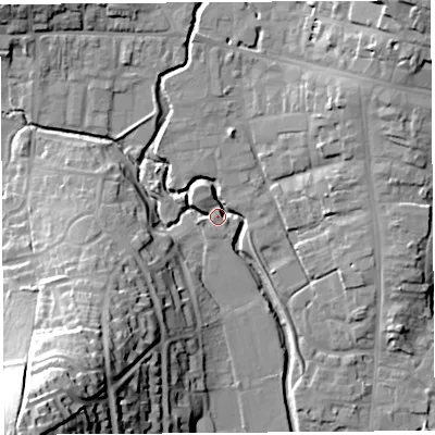 Shaded relief map of the ground around DT63RP, computed from Environment Agency LiDAR. The ground here sits at about 7 m above sea level and falls 45 m across the surrounding 800 m. Surface water reaching this point runs off ground lying to the south-west, 44.6 m higher.