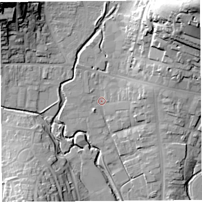 Shaded relief map of the ground around DT63RQ, computed from Environment Agency LiDAR. The ground here sits at about 7 m above sea level and falls 46 m across the surrounding 800 m. Surface water reaching this point runs off ground lying to the north-east, 35.2 m higher.