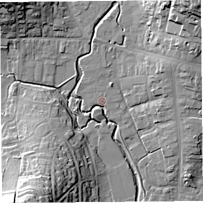 Shaded relief map of the ground around DT63RR, computed from Environment Agency LiDAR. The ground here sits at about 7 m above sea level and falls 37 m across the surrounding 800 m. Surface water reaching this point runs off ground lying to the south-west, 36.6 m higher.