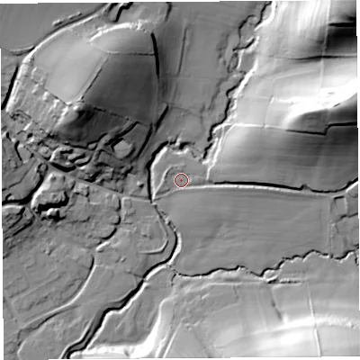 Shaded relief map of the ground around DT63RU, computed from Environment Agency LiDAR. The ground here sits at about 17 m above sea level and falls 58 m across the surrounding 800 m. Surface water reaching this point runs off ground lying to the east-north-east, 44.9 m higher.