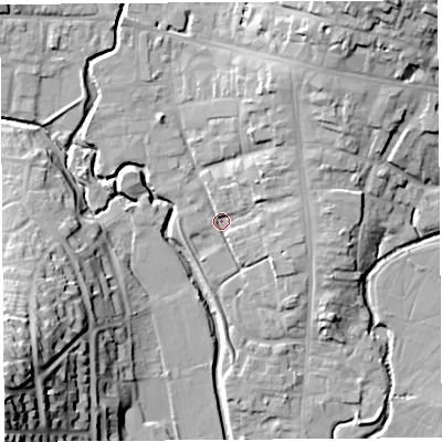 Shaded relief map of the ground around DT63RW, computed from Environment Agency LiDAR. The ground here sits at about 6 m above sea level and falls 36 m across the surrounding 800 m. Surface water reaching this point runs off ground lying to the north-east, 17.6 m higher.