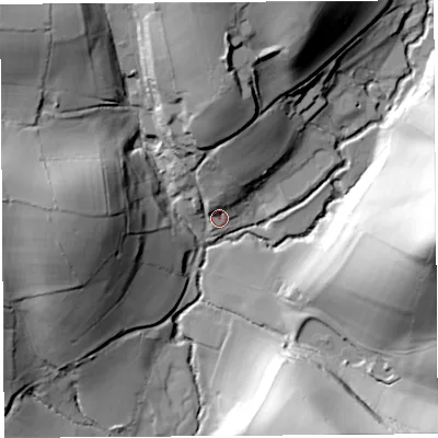 Shaded relief map of the ground around DT63SG, computed from Environment Agency LiDAR. The ground here sits at about 28 m above sea level and falls 69 m across the surrounding 800 m. Surface water reaching this point runs off ground lying to the north, 15.4 m higher.