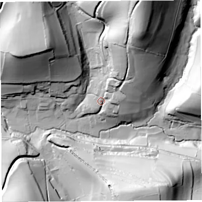 Shaded relief map of the ground around DT63SL, computed from Environment Agency LiDAR. The ground here sits at about 46 m above sea level and falls 88 m across the surrounding 800 m. Surface water reaching this point runs off ground lying to the north-north-east, 54.6 m higher.