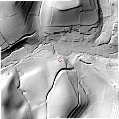 Shaded relief map of the ground around DT63SN, computed from Environment Agency LiDAR. The ground here sits at about 45 m above sea level and falls 83 m across the surrounding 800 m. Surface water reaching this point runs off ground lying to the south, 18.3 m higher.