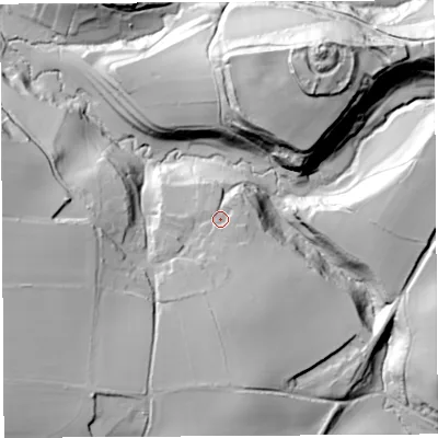 Shaded relief map of the ground around DT63SX, computed from Environment Agency LiDAR. The ground here sits at about 72 m above sea level and falls 54 m across the surrounding 800 m. Surface water reaching this point runs off ground lying to the south-south-east, 12.2 m higher.