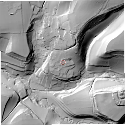 Shaded relief map of the ground around DT63TF, computed from Environment Agency LiDAR. The ground here sits at about 72 m above sea level and falls 77 m across the surrounding 800 m. Surface water reaching this point runs off ground lying to the north-north-east, 37.5 m higher.