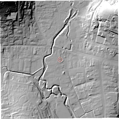 Shaded relief map of the ground around DT63TP, computed from Environment Agency LiDAR. The ground here sits at about 8 m above sea level and falls 58 m across the surrounding 800 m. The ground contributing surface water to this point lies to the south-south-east.