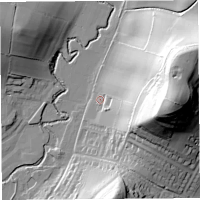Shaded relief map of the ground around DT63TR, computed from Environment Agency LiDAR. The ground here sits at about 15 m above sea level and falls 84 m across the surrounding 800 m. Surface water reaching this point runs off ground lying to the east, 77.1 m higher.