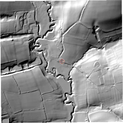 Shaded relief map of the ground around DT63UA, computed from Environment Agency LiDAR. The ground here sits at about 30 m above sea level and falls 58 m across the surrounding 800 m. Surface water reaching this point runs off ground lying to the north-north-east, 5.8 m higher.