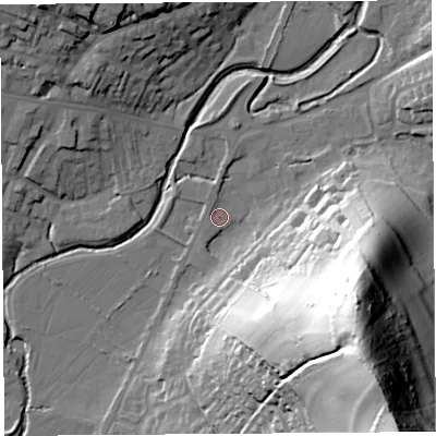 Shaded relief map of the ground around DT63XA, computed from Environment Agency LiDAR. The ground here sits at about 8 m above sea level and falls 85 m across the surrounding 800 m. Surface water reaching this point runs off ground lying to the south-east, 69.0 m higher.