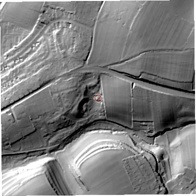 Shaded relief map of the ground around DT64AE, computed from Environment Agency LiDAR. The ground here sits at about 30 m above sea level and falls 42 m across the surrounding 800 m. Surface water reaching this point runs off ground lying to the north-north-east, 26.7 m higher.