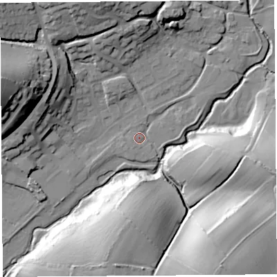 Shaded relief map of the ground around DT64AP, computed from Environment Agency LiDAR. The ground here sits at about 14 m above sea level and falls 43 m across the surrounding 800 m. Surface water reaching this point runs off ground lying to the north-east, 4.1 m higher.