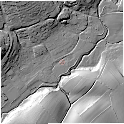 Shaded relief map of the ground around DT64AR, computed from Environment Agency LiDAR. The ground here sits at about 14 m above sea level and falls 39 m across the surrounding 800 m. Surface water reaching this point runs off ground lying to the north-east, 3.6 m higher.