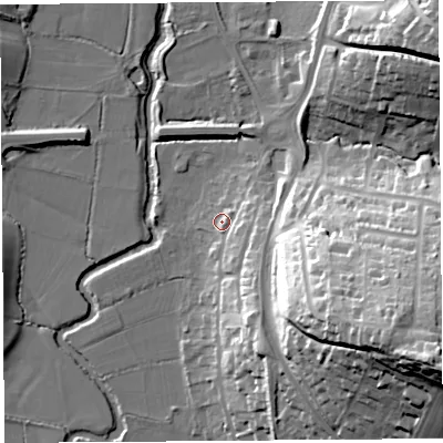 Shaded relief map of the ground around DT64AX, computed from Environment Agency LiDAR. The ground here sits at about 6 m above sea level and falls 50 m across the surrounding 800 m. Surface water reaching this point runs off ground lying to the east-south-east, 7.3 m higher.