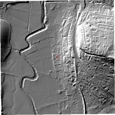 Shaded relief map of the ground around DT64AZ, computed from Environment Agency LiDAR. The ground here sits at about 5 m above sea level and falls 49 m across the surrounding 800 m. Surface water reaching this point runs off ground lying to the east, 16.6 m higher.