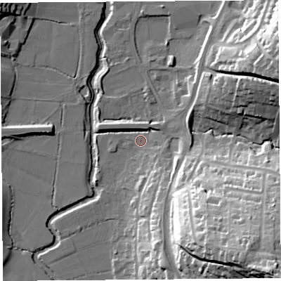Shaded relief map of the ground around DT64BA, computed from Environment Agency LiDAR. The ground here sits at about 5 m above sea level and falls 50 m across the surrounding 800 m. Surface water reaching this point runs off ground lying to the south-east, 43.7 m higher.
