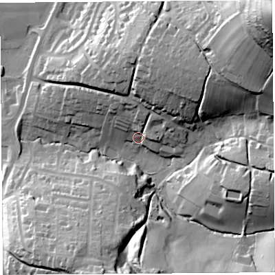 Shaded relief map of the ground around DT64BN, computed from Environment Agency LiDAR. The ground here sits at about 16 m above sea level and falls 102 m across the surrounding 800 m. Surface water reaching this point runs off ground lying to the north-north-east, 29.5 m higher.