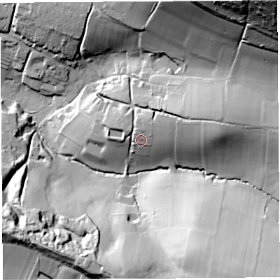 Shaded relief map of the ground around DT64BU, computed from Environment Agency LiDAR. The ground here sits at about 37 m above sea level and falls 107 m across the surrounding 800 m. Surface water reaching this point runs off ground lying to the north-east, 8.2 m higher.