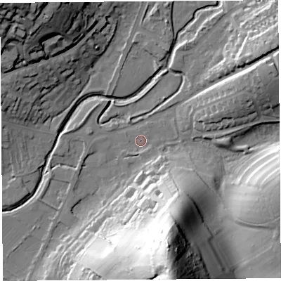 Shaded relief map of the ground around DT64DA, computed from Environment Agency LiDAR. The ground here sits at about 9 m above sea level and falls 75 m across the surrounding 800 m. Surface water reaching this point runs off ground lying to the south-south-east, 43.5 m higher.