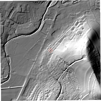 Shaded relief map of the ground around DT64DF, computed from Environment Agency LiDAR. The ground here sits at about 14 m above sea level and falls 103 m across the surrounding 800 m. Surface water reaching this point runs off ground lying to the east-south-east, 56.3 m higher.
