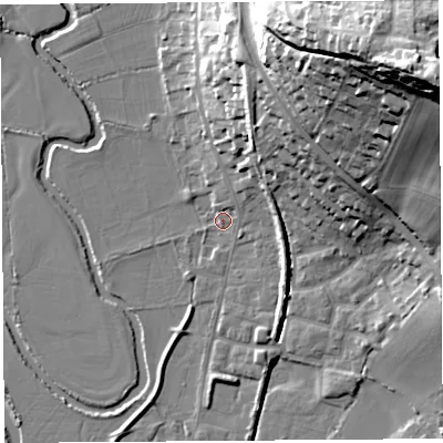 Shaded relief map of the ground around DT64EG, computed from Environment Agency LiDAR. The ground here sits at about 3 m above sea level and falls 50 m across the surrounding 800 m. Surface water reaching this point runs off ground lying to the north-north-east, 2.4 m higher.