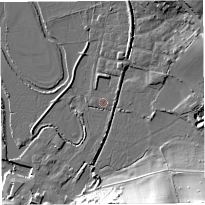 Shaded relief map of the ground around DT64EH, computed from Environment Agency LiDAR. The ground here sits at about 3 m above sea level and falls 27 m across the surrounding 800 m. Surface water reaching this point runs off ground lying to the south-east, 23.8 m higher.