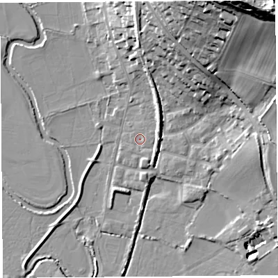 Shaded relief map of the ground around DT64EJ, computed from Environment Agency LiDAR. The ground here sits at about 3 m above sea level and falls 53 m across the surrounding 800 m. Surface water reaching this point runs off ground lying to the east-north-east, 2.9 m higher.